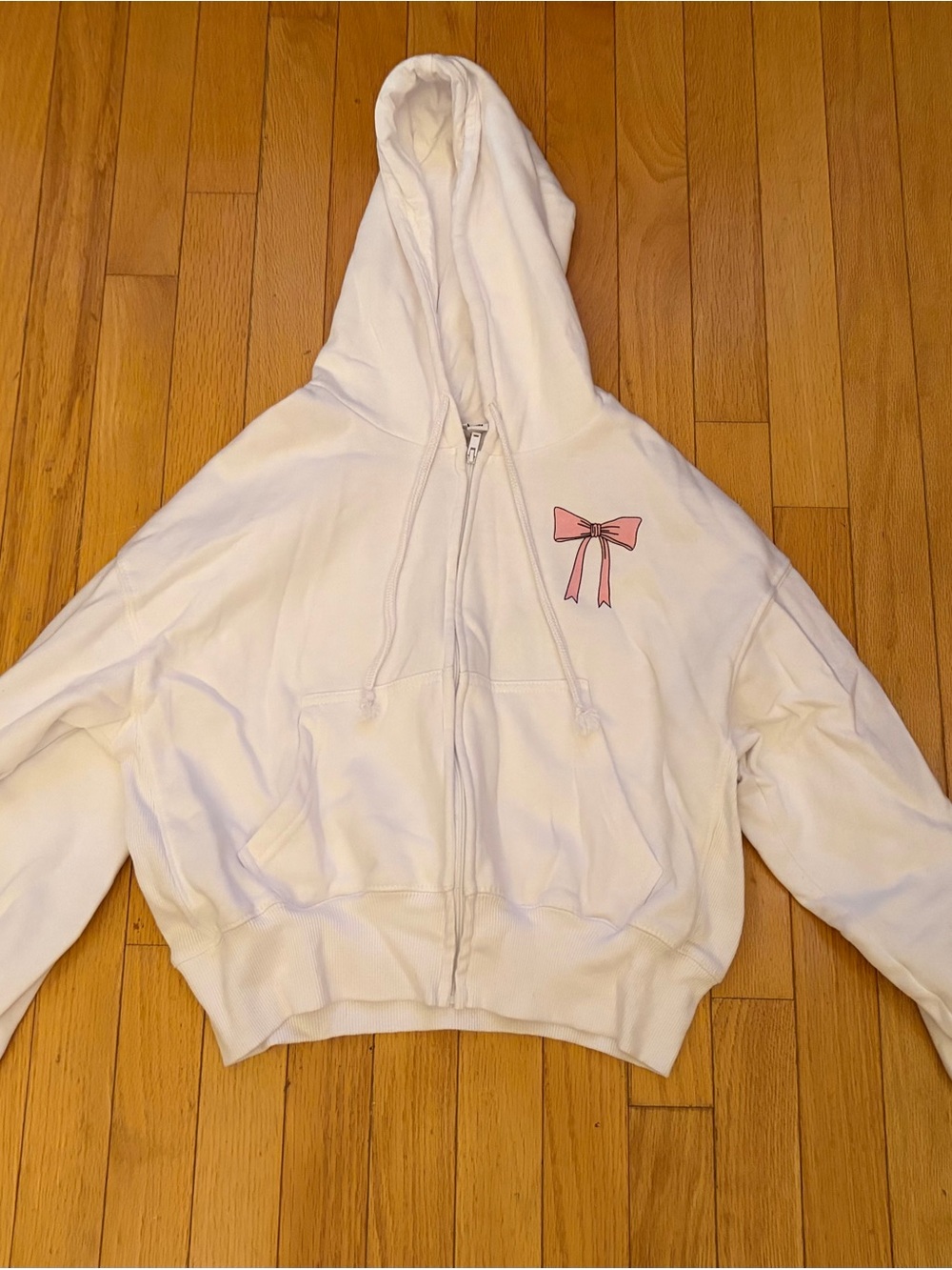 Mighty Fine White Zip-Up Hoodie with Pink Bow Graphic